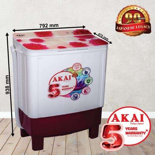 Akai 7 kg Semi-Automatic Top Loading Washing Machine (AKSA-70CRFG, Red, Toughened Glass Lids) 5
