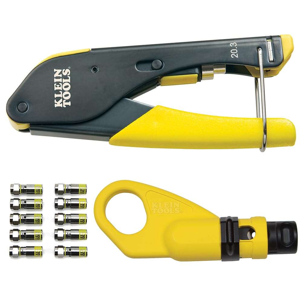 Klein Tools 80163 Coaxial Cable Crimping Set with VDV Compression Crimper, Radial Stripper and 10 Universal Compression F-Connectors