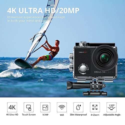 Dragon Touch 4K Underwater HD Action Camera, Vision 3 Pro Touch Screen 20MP 100FT Waterproof Video Camera Adjustable View Angle WiFi Sports Camcorder with Remote Control Helmet Accessories 2
