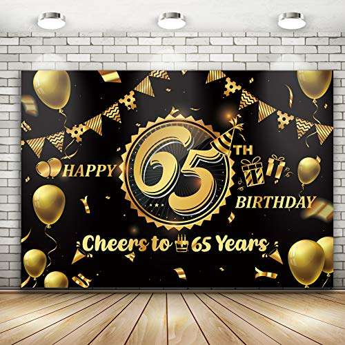 Happy 65th Birthday Backdrop for Men Women | 65 Birthday Backdrop Background Banner 65th Anniversary Backdrop | Happy 65th Birthday Photo Backdrop Banner Wall Decorations Black and Gold 71 x 49 inch… 2
