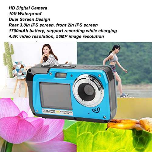 Dual Screen Digital Camera, 4K 30Fps 56MP 18X Video Recording Camera Built in Microphone, Dual Screen, Continuous Shooting, 10ft Waterproof, with 1700mAh Battery 5