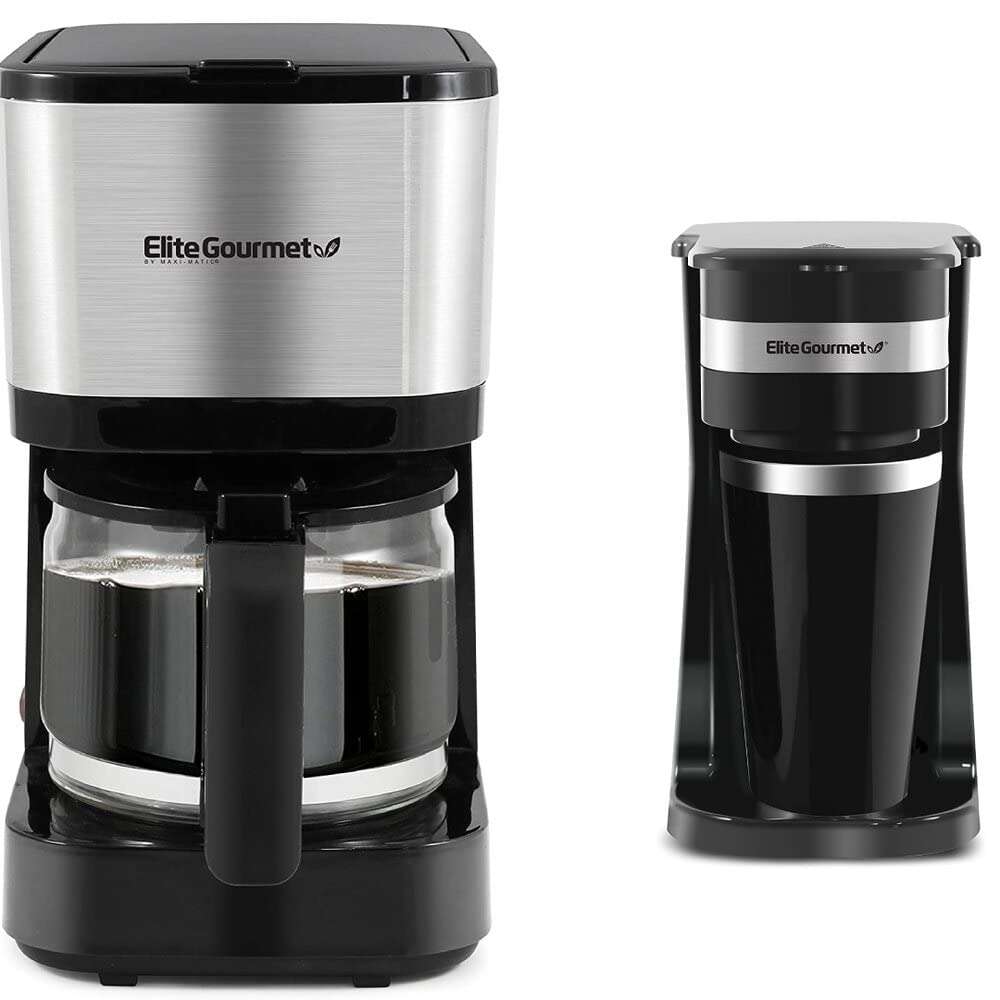 Bundle of Elite Gourmet EHC9420 Automatic Brew & Drip Coffee Maker + Elite Gourmet EHC113 Personal Single-Serve Compact Coffee Maker Brewer Includes 14Oz. Stainless Steel Thermal Travel Mug, Black