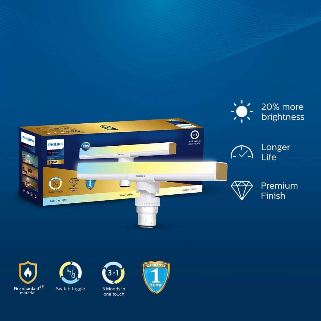 Philips 10W B22 LED T-Bulb | 3 Colors in 1 LED Bulb | Scene Switch T-Bulb for Home & Decoration | Color: Tunable White | Pack of 2 | Gold Perform Series 4