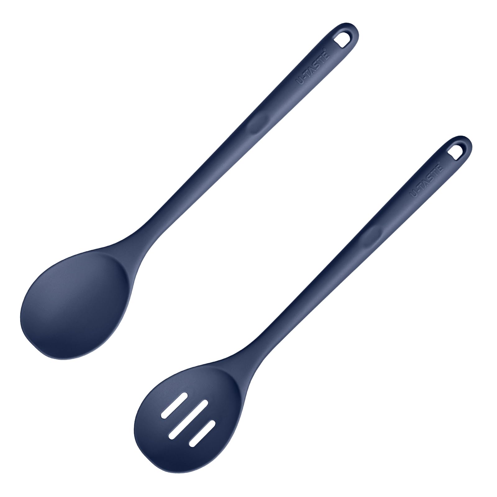 600℉ Heat Resistant Silicone Solid Spoon and Slotted Spoon Pack of 2: U-Taste 13.35in Kitchen Nonstick BPA Free Large & Long Soup Rubber Cooking Utensil for Mixing in Pot Cookware (Midnight Blue) 1
