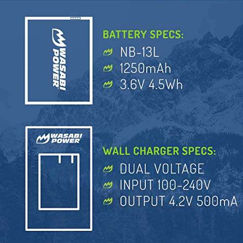 Wasabi Power NB-13L Battery (2-Pack) and Charger for Canon PowerShot G1 X Mark III, G5 X, G5 X Mark II, G7 X, G7 X Mark II, G7 X Mark III, G9 X, G9 X Mark II, SX620 HS, SX720 HS, SX730 HS, SX740 HS 3