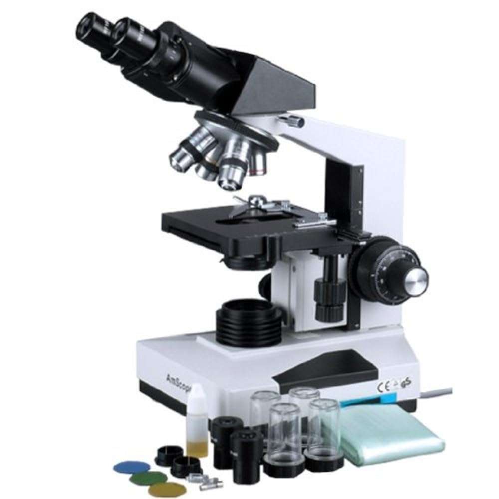 AmScope B490B-LED Compound Binocular Microscope, WF10x and WF20x Eyepieces, 40X-2000X Magnification, Brightfield, LED Illumination, Abbe Condenser, Double-Layer Mechanical Stage, Sliding Head, High-Resolution Optics, Anti-Mold 3