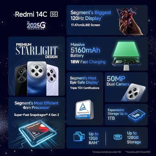 Redmi 14C 5G (Stargaze Black, 4GB RAM, 128GB Storage) | Superfast 4nm Snapdragon 4 Gen 2 | 120Hz 17.47cm (6.88”) Display | 5160mAh Battery | 50MP Dual Camera | Premium Starlight Design 2