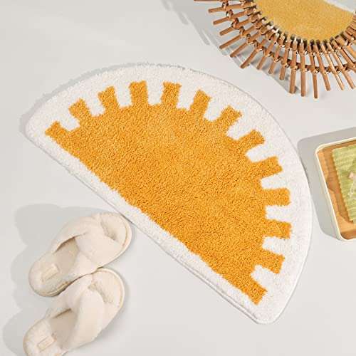 TRUEDAYS Bathroom Rugs Sets 2 Piece Water Absorbent Non Slip Yellow Boho Bath Mat Soft Cute Half Circle Bathroom Mat Washable Fluffy Bohemian Sun Bath Rug Set 6