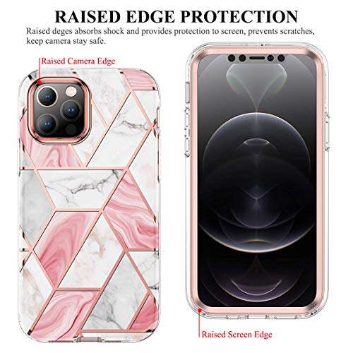 Troniker Stylish Bumper Case Designed for iPhone 12 Pro, Pink Marble iPhone 12 Case for Women Girls Boys Full-Body Protective Case Cover with Built-in Screen Protector 2