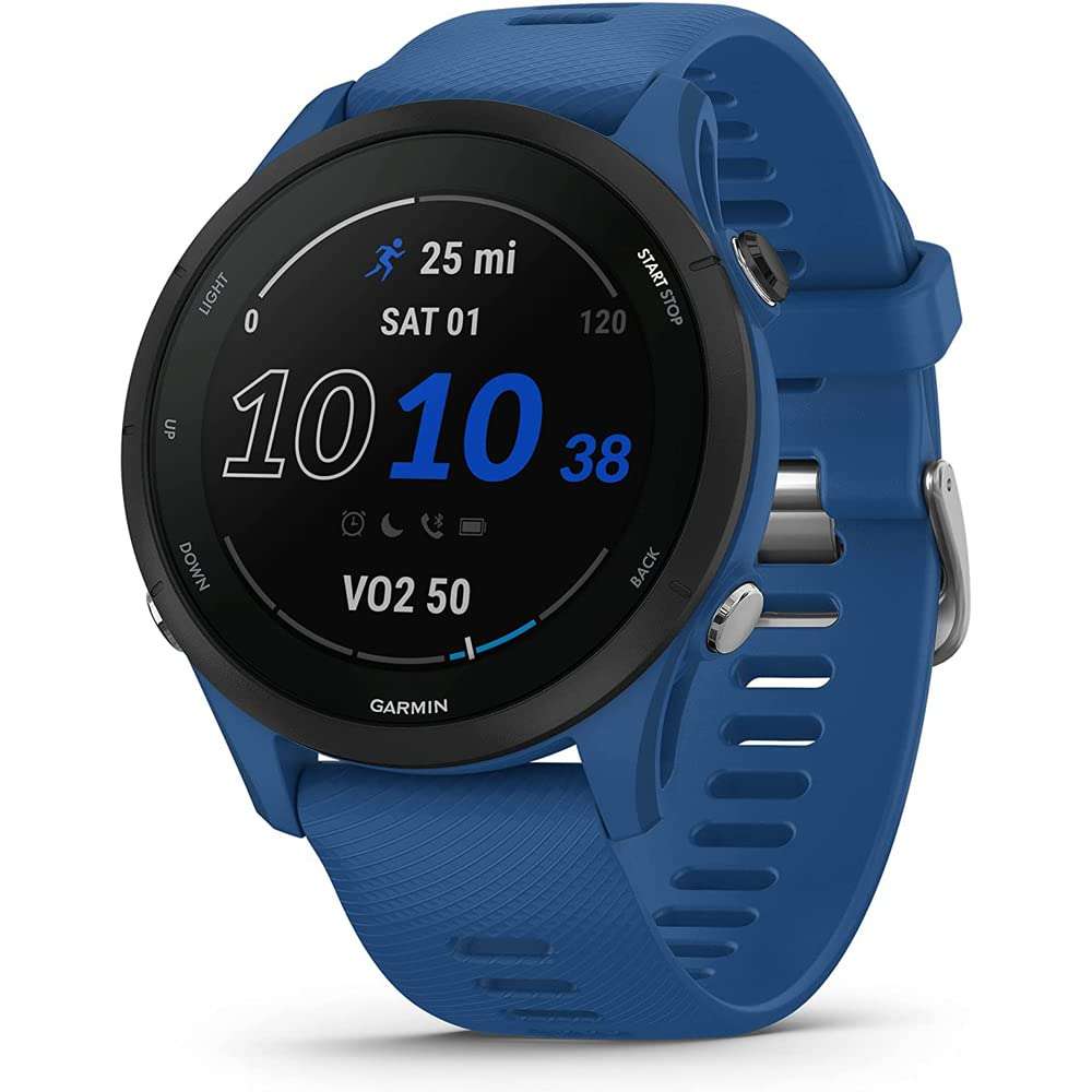 Garmin 010-02641-01 Forerunner 255 GPS Smartwatch, Tidal Blue | Official USA Partner Model | Bundle with Workout Cooling Sport Towel and Deco Essentials Wearable Commuter Front and Rear Safety Light 3