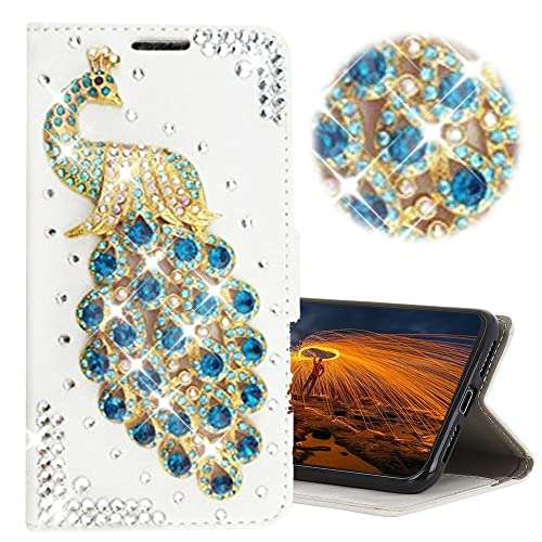 AS-Zeke Glitter Wallet Phone Case Compatible with Samsung Galaxy A32 5G 2021, 3D Handmade Peacock Rhinestone Crystal Bling Design Shell Cover Case with Screen Protector [2 Pack] - Green 3