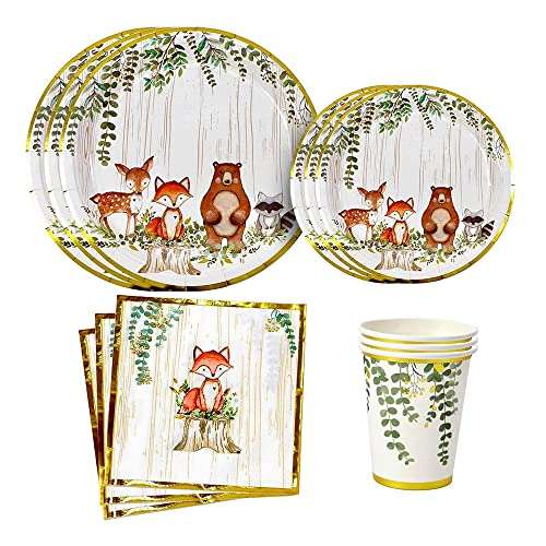 YARA 96 Piece Woodland Animals Baby Shower & Birthday Party Supplies For Boy & Girl Decorations with disposable paper plates napkins and cups of Forest Creatures Fox Theme Tableware Set Serves 24 1