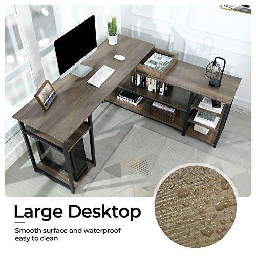 SEDETA L Shaped Computer Desk, 59 Inch Corner Computer Desk with Storage Shelves and Drawer, Study Writing Desk Table Workstation for Home Office, Vintage Walnut 4