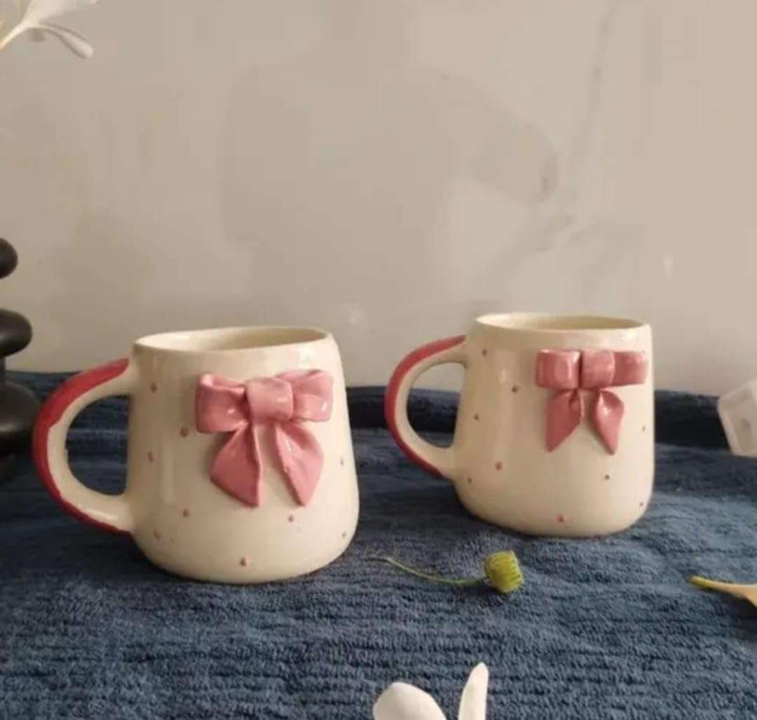 THE INDIAN HOME Cute Pink Bow Ceramic Mug for Coffee Tea Milk | 3D Bow Design Gift Mug for Girls Women Kids | Premium Glazed Polka Dot Finish (1) 6