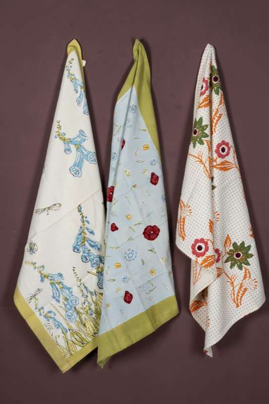 CONTRAST LIVING Yamuna Hand Block Printed Kitchen Towel/Dish Towel/Hand Towel Multi Color Set of 3 Pcs 1