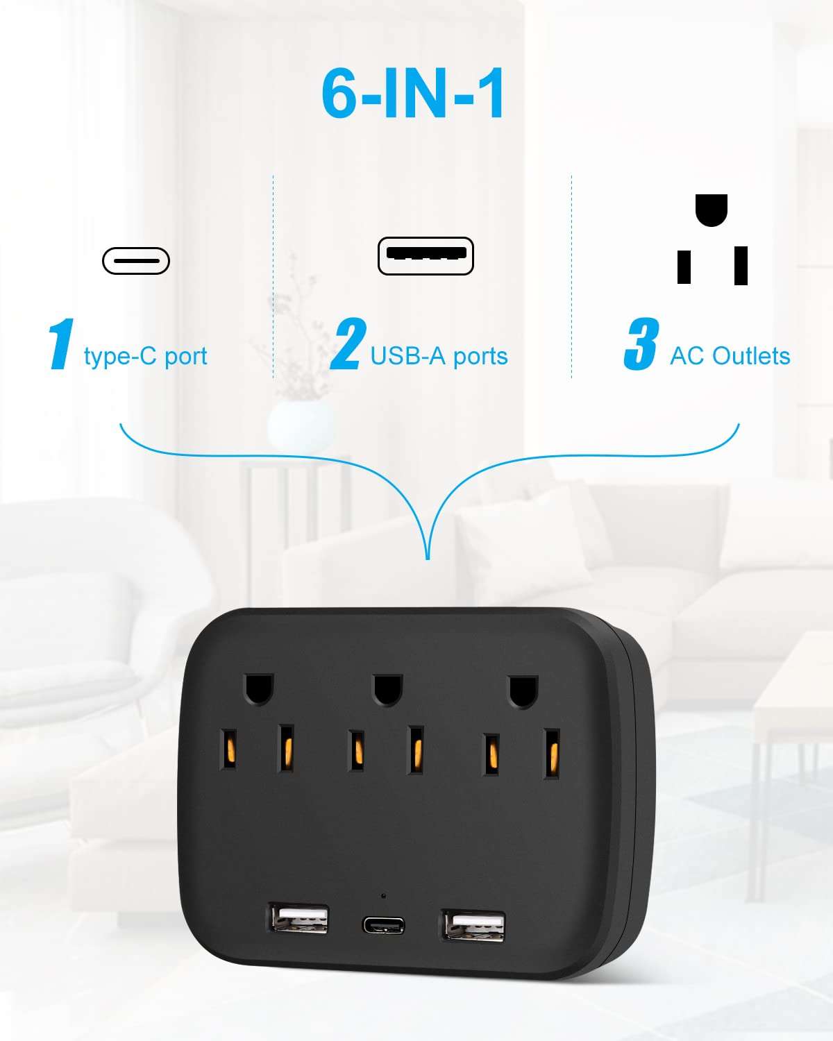 Outlet Extender, Surge Protector, Converter Multi-Plug Outlet Splitter with USB C Ports, USB Wall Charger for Home Office Accessories, Dorm Room Essentials Black 3