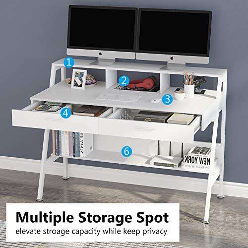 Tribesigns Computer Desk with Storage Shelf & Drawers, Modern 47 inch Office Writing Desk Study Table with Monitor Stand Riser for Home Office Use 4