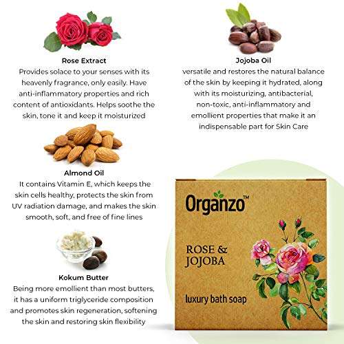 Organzo Organic Natural Hand Made Luxury Bathing Soap with Rose & Jojoba, Kokum Butter & Frankincense Chemical Free, Cold pressed Paraben Free SLS Free 100gm (Pack of 2) 3