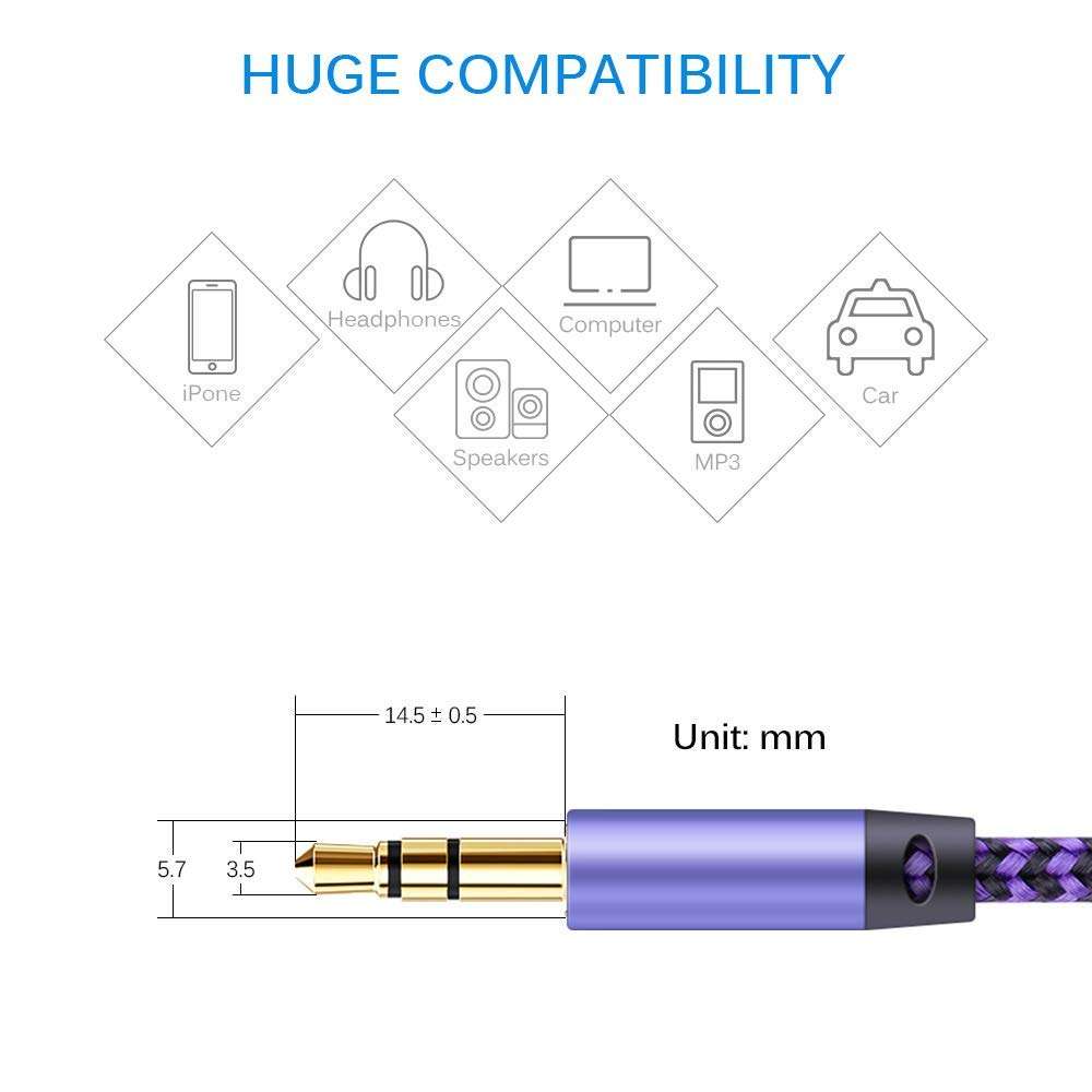 2pack/10 Feet Aux Cord, 3.5mm Audio Cable Ox Chord Male to Male Headphone Cord Auxiliary Stereo Jack Cables for Car, Eco Dot, Bose Speaker, iPad, I Pod, Smartphones Beats Auxiliar De Audio Wire 3