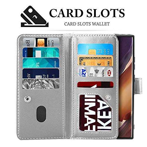 Newseego Compatible with Samsung Galaxy Note 20 Ultra Leather Case, Glitter Faux PU Leather Magnetic Closure Multi-Credit Card Slot Cash Holder Detachable 2 in 1 Wallet Cover with Wrist Strap-Silver 2