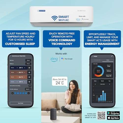 Blue Star 1.5 Ton 5 Star, 60 Months Warranty, Wi-Fi Smart Inverter Split AC (Copper, Convertible 5 in 1 Cooling, AI Pro, DigiQ Hepta Sensors, 4 Way Swing, IE518ZNURS, White) 5