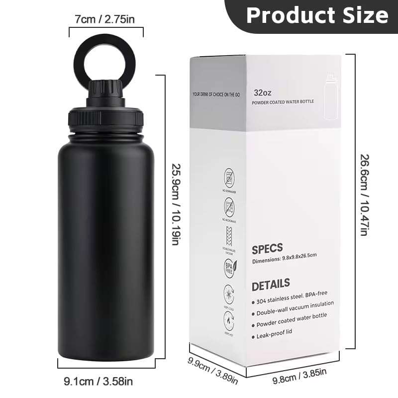 Premium Insulated Stainless Steel Water Bottle – 32 oz Leak-Proof, BPA-Free, Double-Wall Vacuum – Reusable Sports & Gym Bottle` (Black) 3
