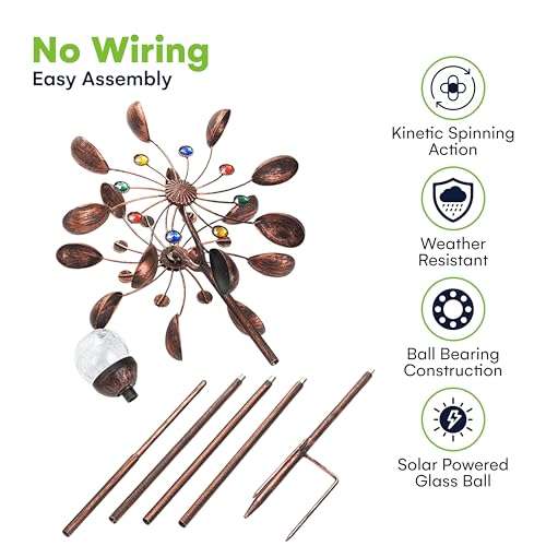 SteadyDoggie 75-Inch Wind Spinners Jewel Cup - Solar-Powered with Multi-Color LED Glass Ball - Metal Kinetic Windmill for Dual Wind Direction - Easy to Assemble Garden and Outdoor Yard Decorations 6