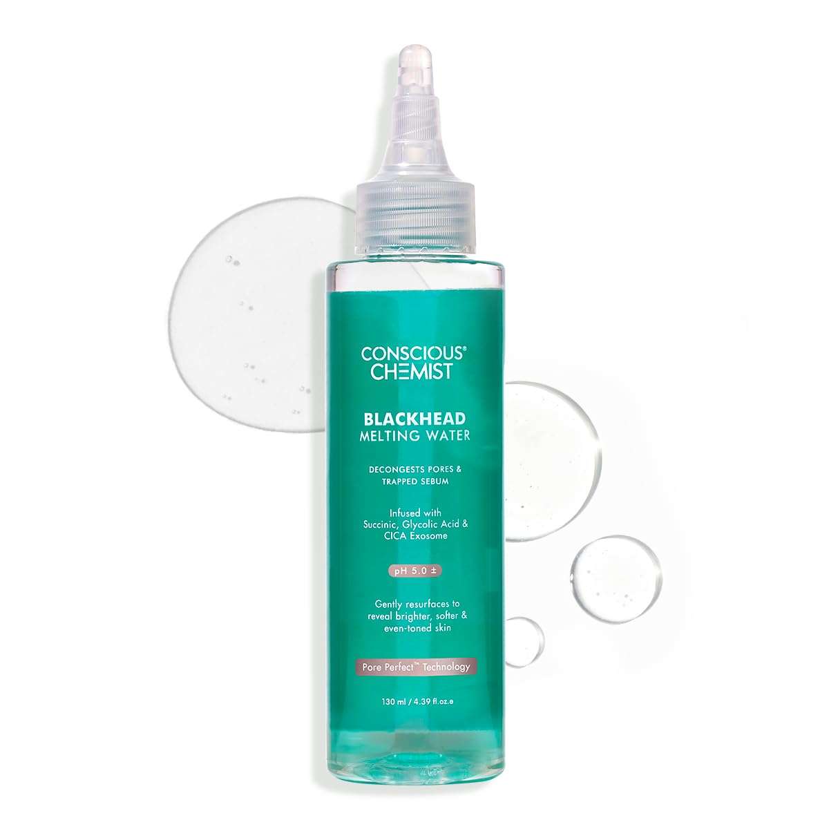 Conscious Chemist® Blackhead Melting Water | 130ml | Gentle Pore treatment with Succinic, Glycolic Acid & CICA Exosome | Unclogs Pores, Dissolves Blackheads & Smoothens Skin | Toner For Men & Women 1