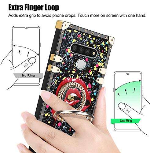 B-wishy for LG Stylo 6 Case, LG K71 Case with Kickstand Ring Holder Red Lips in Bullet Square Diamond Rivet Crystal Protective Retro Elegant Slim Shockproof TPU Cover for LG Stylo 6 3
