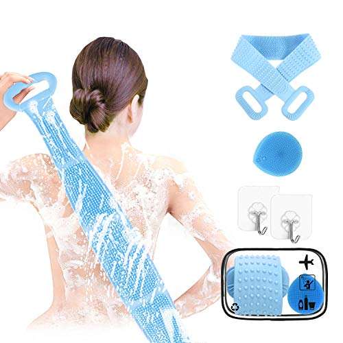 silicone body bath shower scrubber - extra longer 35 inch back brush face cleaning brush travel cosmetic bag exfoliating lengthen strong extensibility stimulate the circulation of blood purple 1