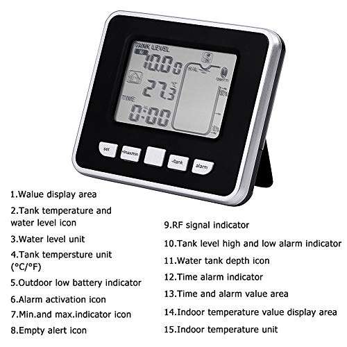 Plyisty Liquid Level Sensor, 0〜15m Ultrasonic Water Tank Liquid Depth Level Meter Sensor with Temperature Display Indoor/Tank Temperature (℉ or ℃) 3.3 Inch LED Display 3