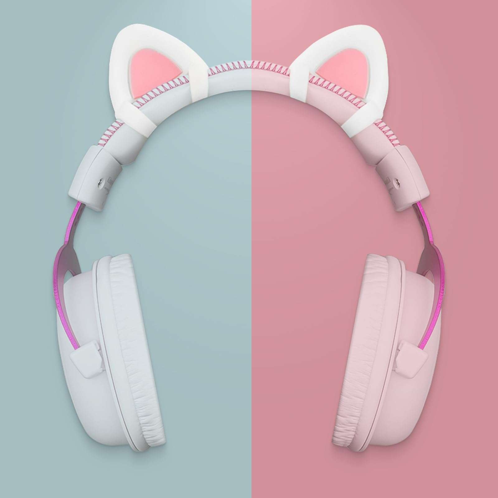 REEYEAR Cute Pink Cat Ears Fits for HypreX Cloud/Cloud Stinger/Cloud Flight Headsets, Universal Fit Lovely Kitty Adjustable Attachment Straps for Video Live Gaming Headphone,White & Pink 2