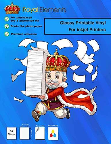 Royal Elements Glossy Printable Vinyl Sticker Paper for Inkjet and Laser Printers - 20 Waterproof Sheets (Photo-Like Print Quality) 1