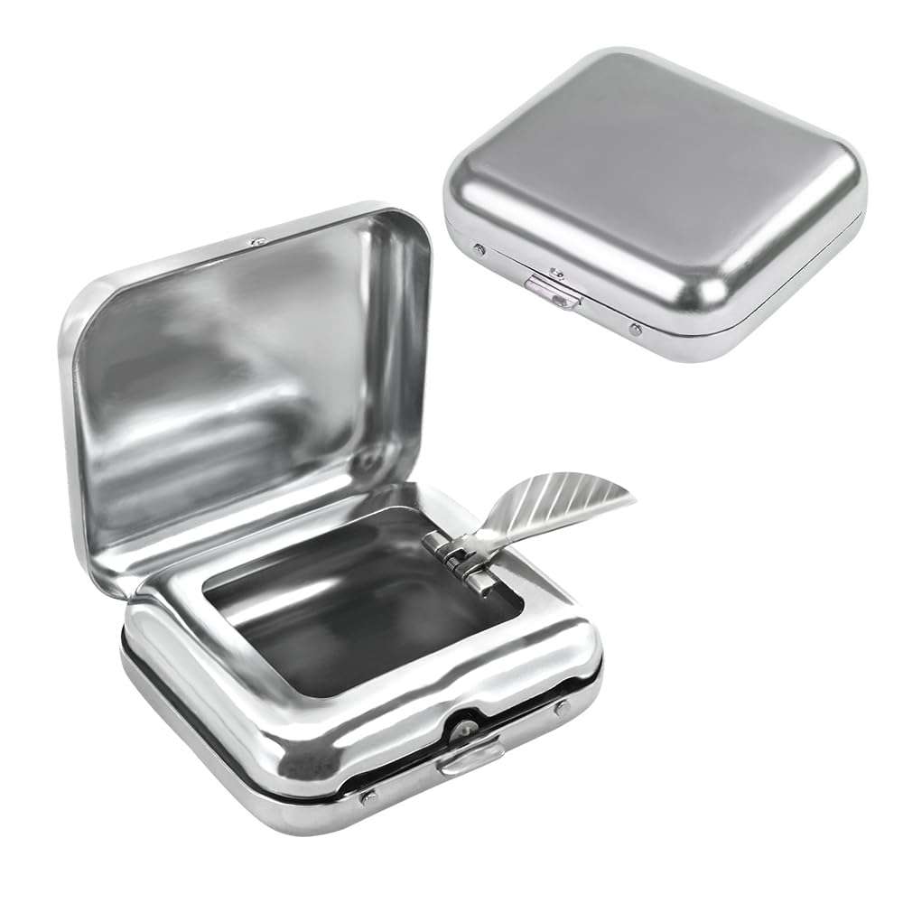 Zoyiancy 2Pcs Portable Ashtray, Pocket Ash Tray with Lid, Mini Stainless Steel Cigarette Holder, Windproof Ashtray for Outdoor Office Car Supplies(Silver)