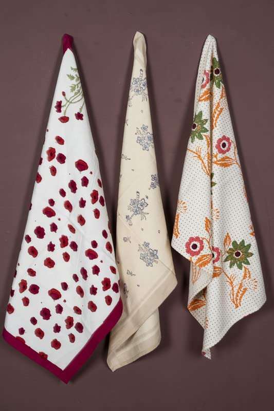 CONTRAST LIVING Ranjanai Hand Block Printed Kitchen Towel/Dish Towel/Hand Towel Multi Color Set of 3 Pcs 1