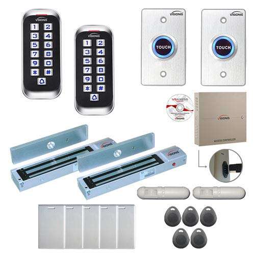 Visionis FPC-8380 2 Door Professional Access Control Outswing Door MagLock 600lbs Time Attendance TCP/IP RS485 Wiegand Controller, Outdoor Anti-Vandal Keypad/Reader, Software 100,000 Users, PIR Kit 1