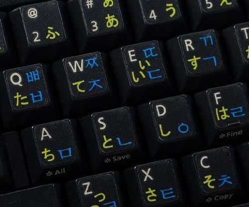 Korean Japanese Hiragana Keyboard Labels Layout with Blue and Yellow Lettering Transparent Background 4