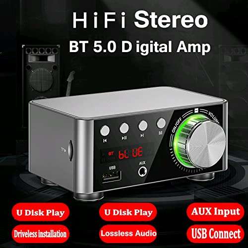 HUIOP Digital Amplifier,HiFi BT5.0 Digital Amplifier Mini Stereo Audio Amp 100W Dual Channel Sound Power Audio Receiver Stereo AMP USB AUX for Home Theater USB TF Card Players Black 5