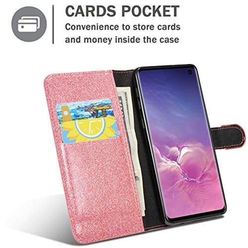 ZCDAYE Wallet Case for Samsung Galaxy S10 5G,Bling Glitter PU Leather [Magnetic Closure] [Love Diamond Buckle][Card Slots][Kickstand] Soft TPU Flip Wallet Cover for Samsung Galaxy S10 5G-Pink 3