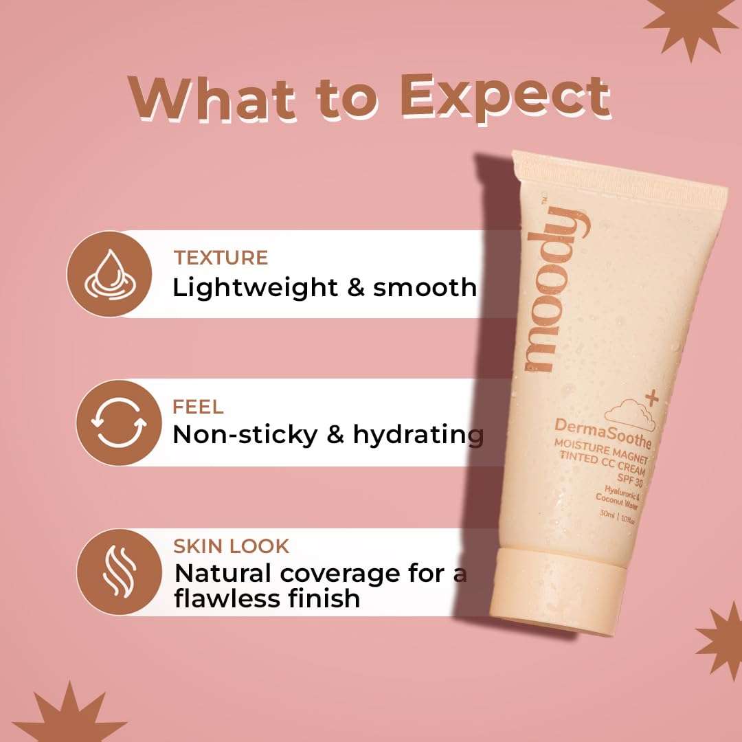 Moody Derma Soothe Moisture Magnet Tinted CC Cream with SPF 30 - (Medium Shade) | Acts as a Primer, Moisturizer, Skin Tint & Sunscreen | Light Make-Up Glow | For All Skin Types, 30ml 6