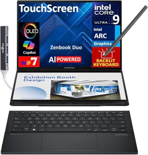ASUS Zenbook Duo ux8406 AI Powered 2-in-1 Laptop 14.0" Touchscreen OLED 3K 120Hz Display (Intel Ultra 9-285H, 32GB LPDDR5X, 2TB PCIe SSD, Backlit KB, Active Pen, Win 11 Home) w/DKZ USB Port Expander