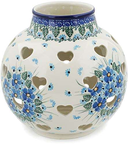 Polish Pottery 7-inch Votive Candle Holder Made by Ceramika Artystyczna (Forget Me Not Theme) + Certificate of Authenticity 3