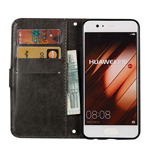Jiangym Mobile Phone Leather Cases for Huawei P10 Skull Pressed Flowers Pattern Horizontal Flip Leather Case with Holder & Card Slots & Wallet & Lanyard (Black) Leather Cases (Color : Black) 3