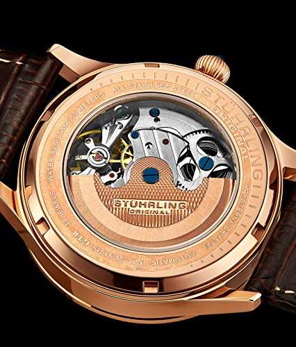 Stührling Original Automatic Watch for Men Skeleton Watch Dial, Dual Time, AM/PM Sun Moon, Leather Band, 571 Mens Watches Series (Rose Gold-A) 3