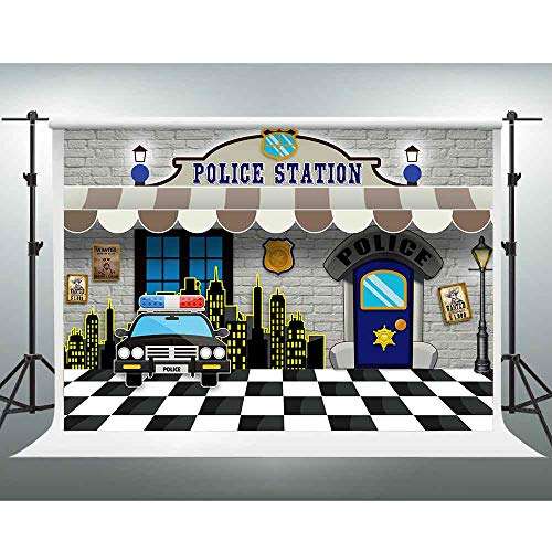 Police Station Backdrop for Party, Police Car City Night Guard Photo Background, Black and White Grid Floor Backdrop, 7x5ft, Police Themed Party Decoration Props, Cake Table Banner LSGE1796 1