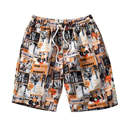 Hmlai Clearance Men's Summer Fashion Casual Elastic Waist Drawstring Color Collision Loose Beach Sport Shorts Swim Trunks (L, Yellow)