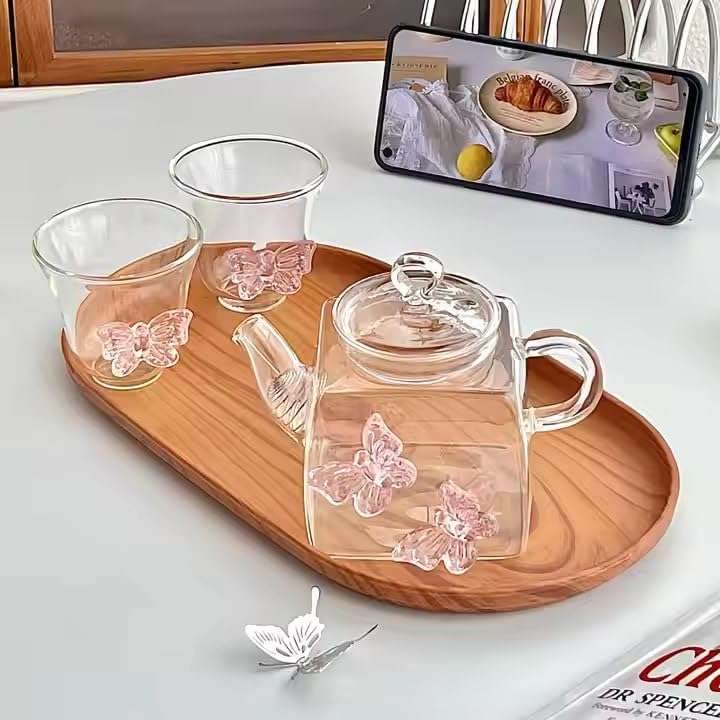 Gipibox®Glass Tea Pot Butterfly Design with Glass Tea Cup Set | Large Capacity Transparent Tea Kettle with Lid &Handle | Great for Loose Leaf Tea, Blooming Tea & Fruit Infused (500ml Tea Pot+2 Cup)