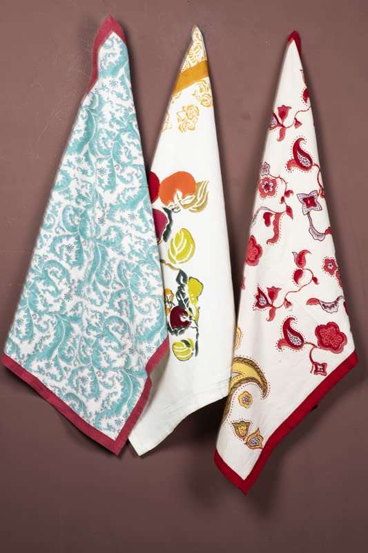 CONTRAST LIVING Kusum Hand Block Printed Kitchen Towel/Dish Towel/Hand Towel Multi Color Set of 3 Pcs 1