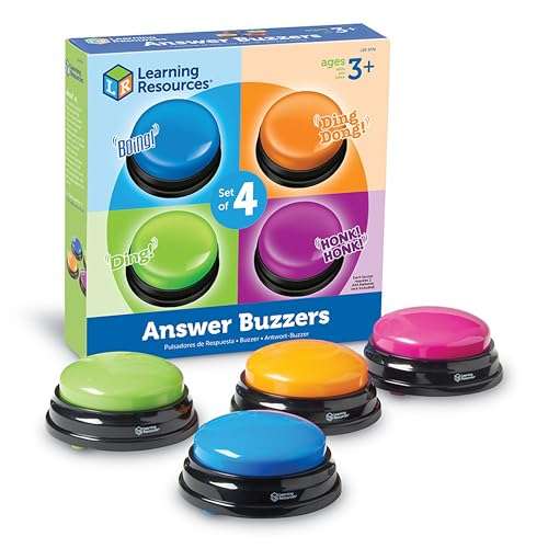 Learning Resources Answer Buzzers - Set of 4, Ages 3+, Assorted Colored Buzzers, Game Show Buzzers, Perfect for Family Game and Trivia Nights, for Kids 1