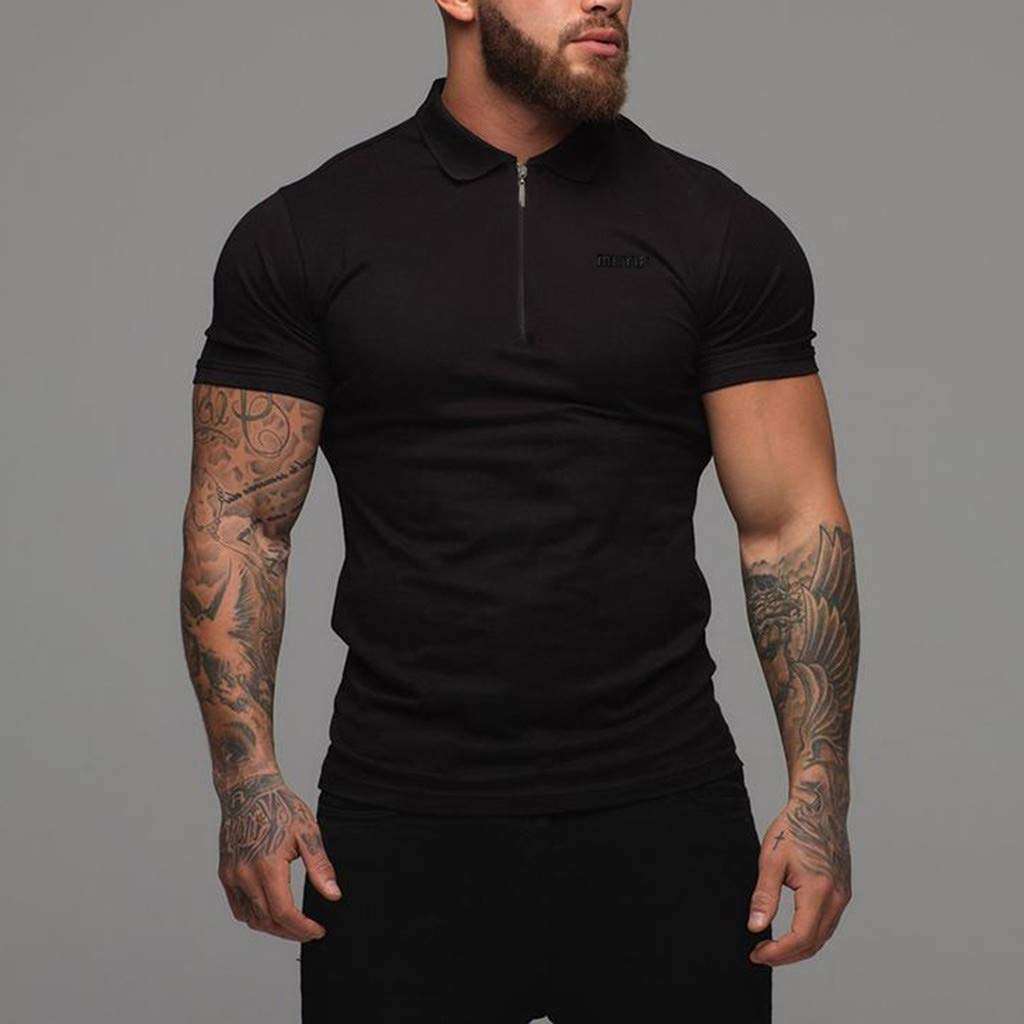 Men Shirts Fashion Short Sleeve Slim Fit Sports Bodybuilding Fitness Muscle Cotton Polo T Shirts Tops (M, Black) 2